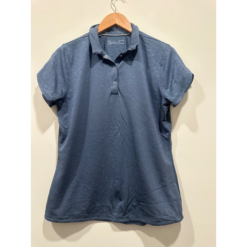 Under Armour HeatGear Womens Large‎ Navy Blue Textured Snap Polo Shirt Fitted LG